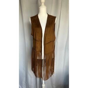 Brown Faux Suede Fringe Whipstitch Western Boho Vest L, equestrian, rodeo. 119